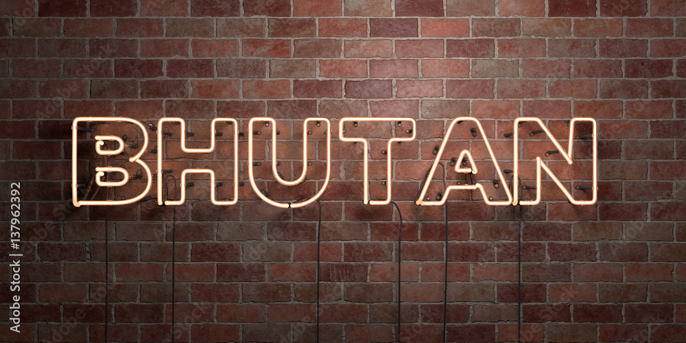 Obraz premium BHUTAN - fluorescent Neon tube Sign on brickwork - Front view - 3D rendered royalty free stock picture. Can be used for online banner ads and direct mailers..