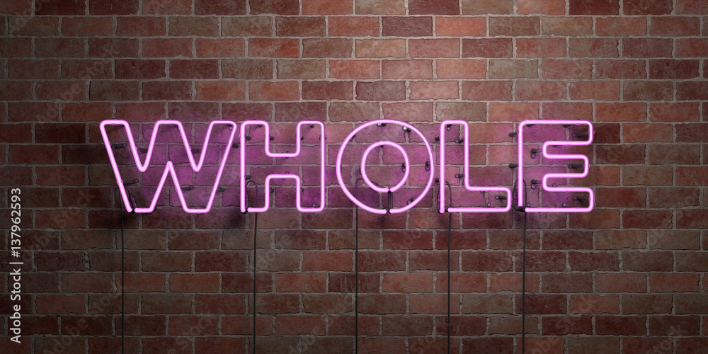 Fototapeta premium WHOLE - fluorescent Neon tube Sign on brickwork - Front view - 3D rendered royalty free stock picture. Can be used for online banner ads and direct mailers..