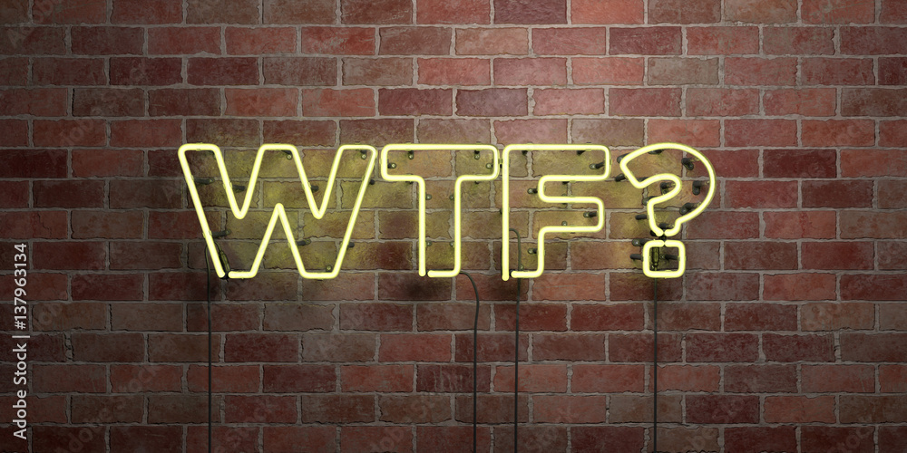Obraz premium WTF? - fluorescent Neon tube Sign on brickwork - Front view - 3D rendered royalty free stock picture. Can be used for online banner ads and direct mailers..