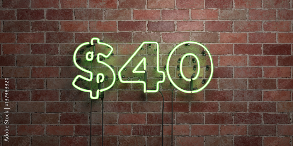 Fototapeta premium $40 - fluorescent Neon tube Sign on brickwork - Front view - 3D rendered royalty free stock picture. Can be used for online banner ads and direct mailers..