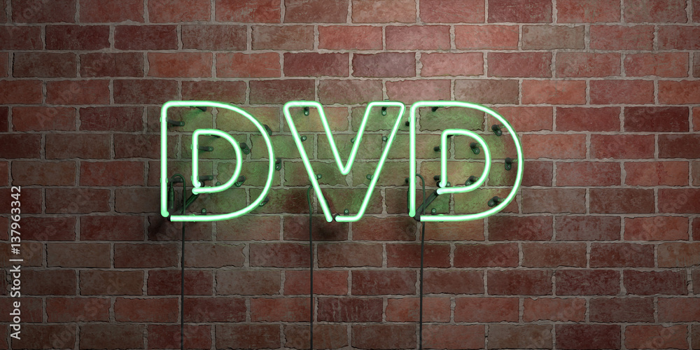 Fototapeta premium DVD - fluorescent Neon tube Sign on brickwork - Front view - 3D rendered royalty free stock picture. Can be used for online banner ads and direct mailers..
