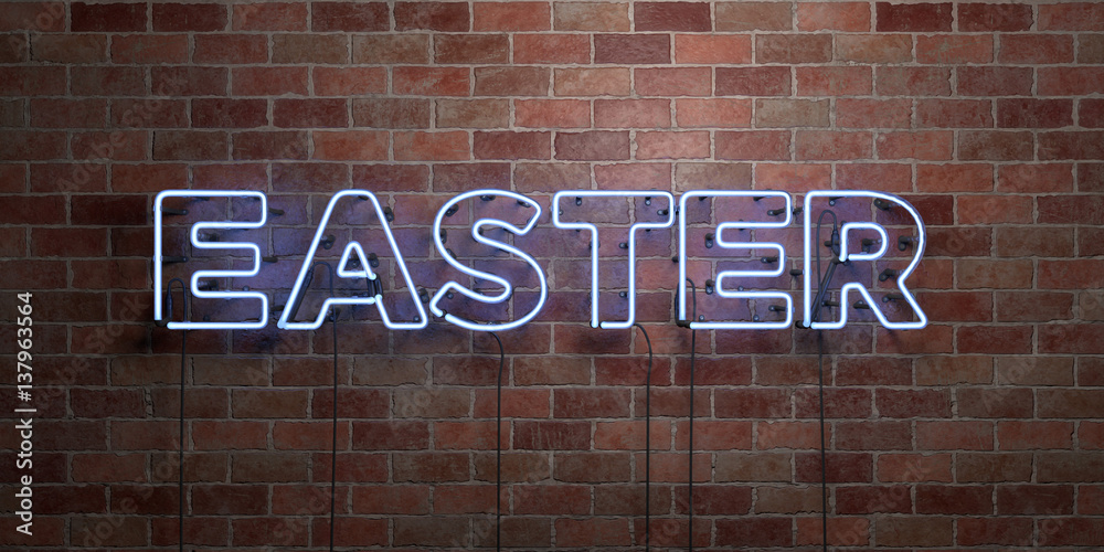 Obraz premium EASTER - fluorescent Neon tube Sign on brickwork - Front view - 3D rendered royalty free stock picture. Can be used for online banner ads and direct mailers..