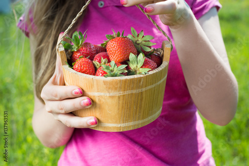 Young woman in the big hat are holding the bowl with strawberries in green field.