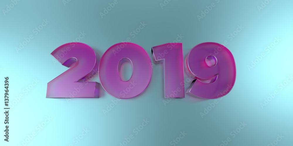 2019 - colorful glass text on vibrant background - 3D rendered royalty free stock image.
