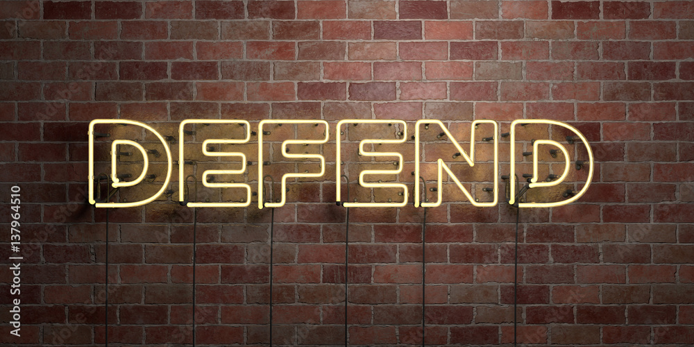 Obraz premium DEFEND - fluorescent Neon tube Sign on brickwork - Front view - 3D rendered royalty free stock picture. Can be used for online banner ads and direct mailers..