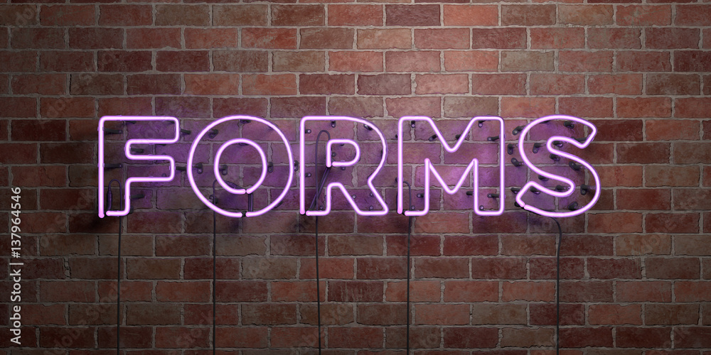 Obraz premium FORMS - fluorescent Neon tube Sign on brickwork - Front view - 3D rendered royalty free stock picture. Can be used for online banner ads and direct mailers..