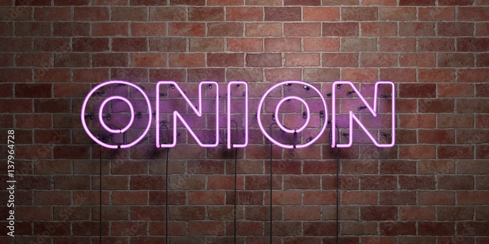 Fototapeta premium ONION - fluorescent Neon tube Sign on brickwork - Front view - 3D rendered royalty free stock picture. Can be used for online banner ads and direct mailers..