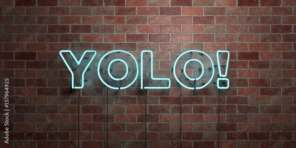 Fototapeta premium YOLO! - fluorescent Neon tube Sign on brickwork - Front view - 3D rendered royalty free stock picture. Can be used for online banner ads and direct mailers..