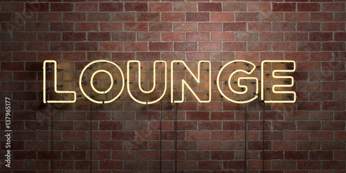 LOUNGE - fluorescent Neon tube Sign on brickwork - Front view - 3D rendered royalty free stock picture. Can be used for online banner ads and direct mailers..
