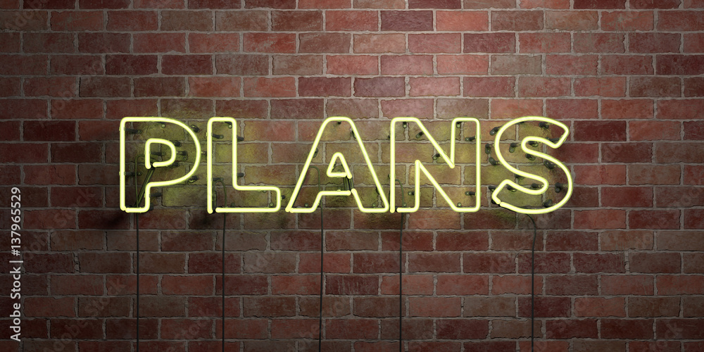 Obraz premium PLANS - fluorescent Neon tube Sign on brickwork - Front view - 3D rendered royalty free stock picture. Can be used for online banner ads and direct mailers..