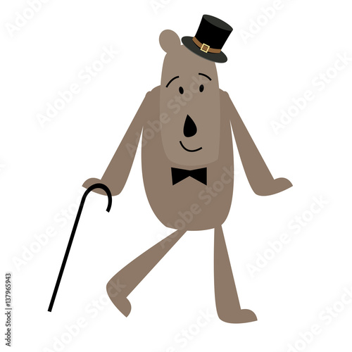 Dancing bear in cylinder with a cane.