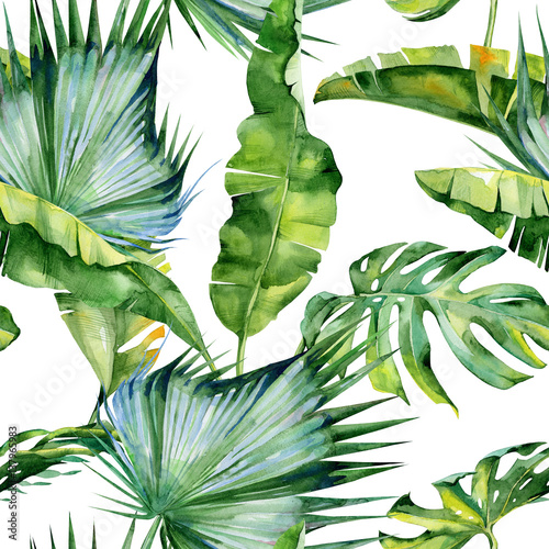 Seamless watercolor illustration of tropical leaves, dense jungle. Pattern wi...