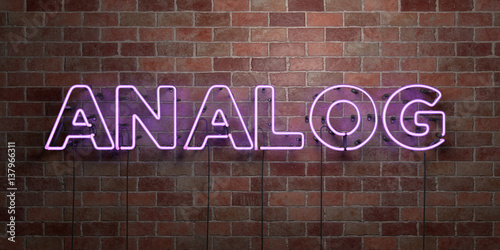 ANALOG - fluorescent Neon tube Sign on brickwork - Front view - 3D rendered royalty free stock picture. Can be used for online banner ads and direct mailers..