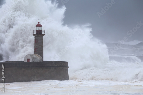 10 Meters Big Waves Over the "Felgueiras" Lighthouse in Oporto, Portugal.