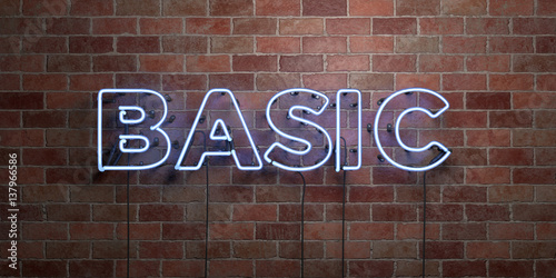 BASIC - fluorescent Neon tube Sign on brickwork - Front view - 3D rendered royalty free stock picture. Can be used for online banner ads and direct mailers..
