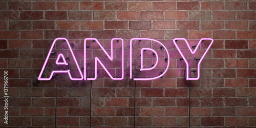 ANDY - fluorescent Neon tube Sign on brickwork - Front view - 3D rendered royalty free stock picture. Can be used for online banner ads and direct mailers..
