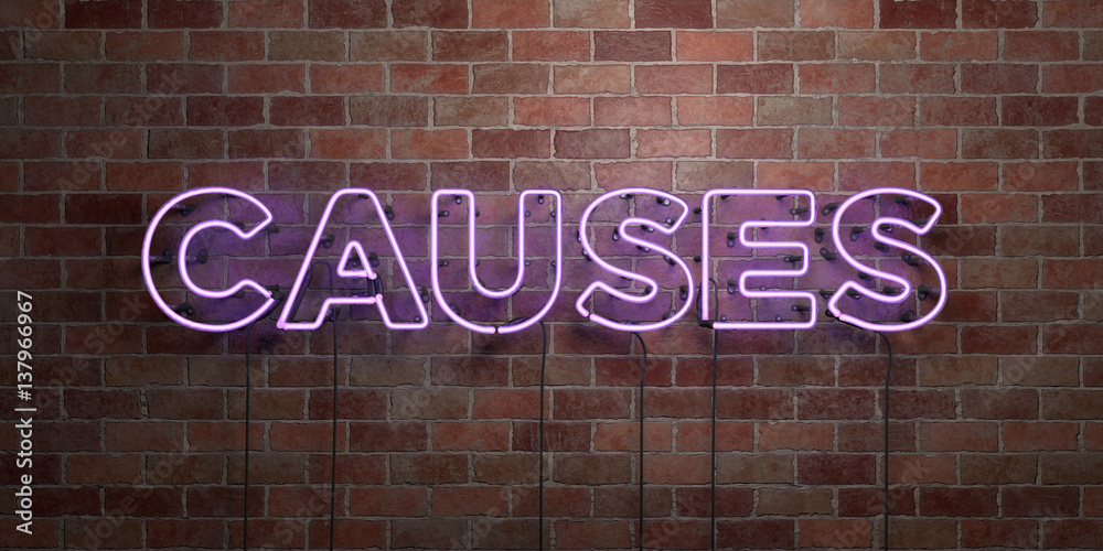 Obraz premium CAUSES - fluorescent Neon tube Sign on brickwork - Front view - 3D rendered royalty free stock picture. Can be used for online banner ads and direct mailers..