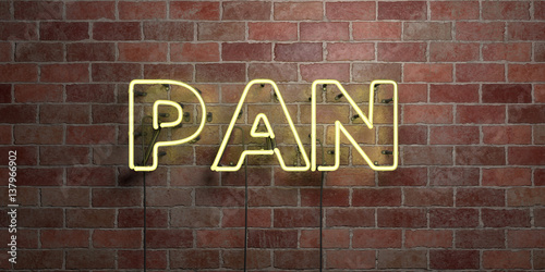 PAN - fluorescent Neon tube Sign on brickwork - Front view - 3D rendered royalty free stock picture. Can be used for online banner ads and direct mailers.. © Chris Titze Imaging