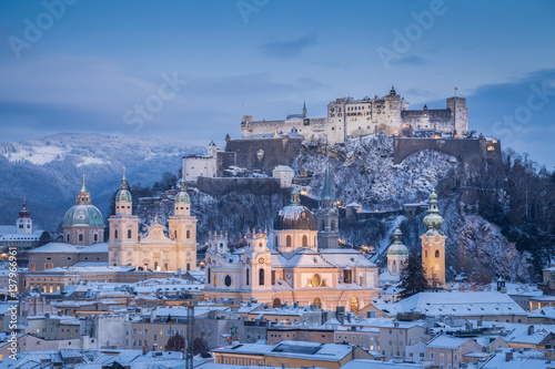 Classic view of Salzburg at Christmas time in winter, Austria