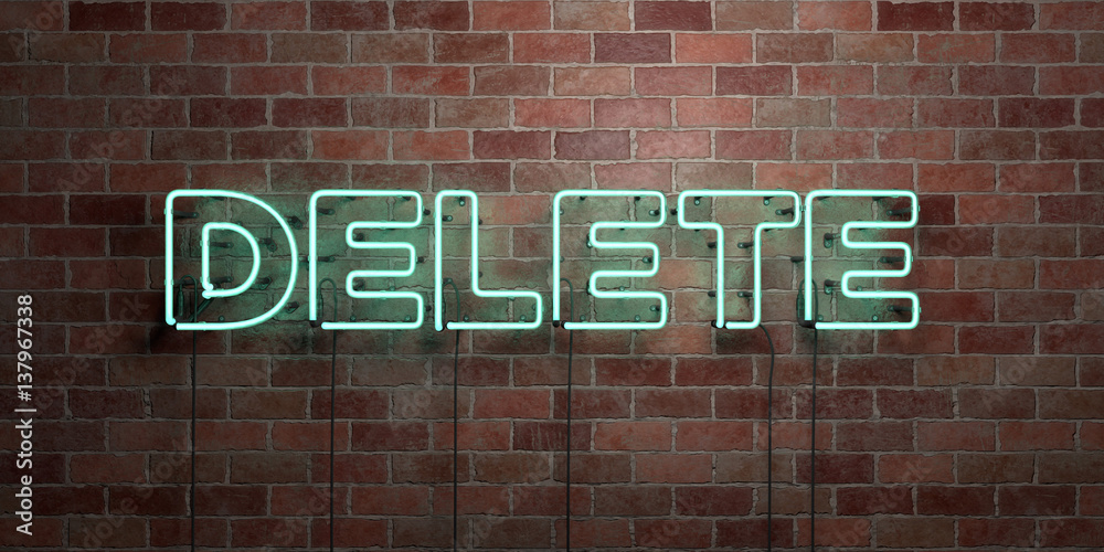 Obraz premium DELETE - fluorescent Neon tube Sign on brickwork - Front view - 3D rendered royalty free stock picture. Can be used for online banner ads and direct mailers..