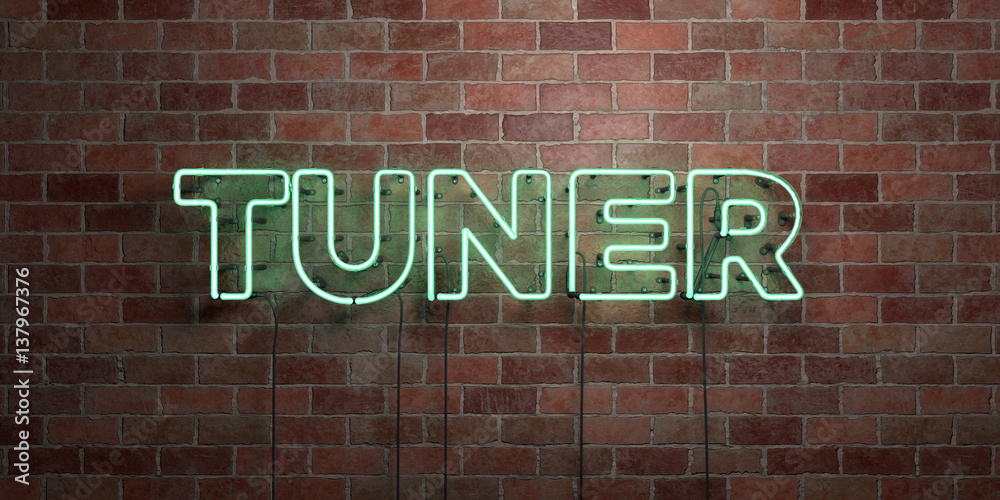 TUNER - fluorescent Neon tube Sign on brickwork - Front view - 3D rendered royalty free stock picture. Can be used for online banner ads and direct mailers.. TUNER - fluorescent Neon tube Sign on brickwork - Front view - 3D rendered royalty free stock picture. Can be used for online banner ads and direct mailers..