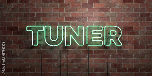 TUNER - fluorescent Neon tube Sign on brickwork - Front view - 3D rendered royalty free stock picture. Can be used for online banner ads and direct mailers..