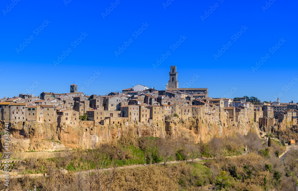 Pitigliano, Grosseto, tuscany, italy,  panoramic view of the medieval village on the tuff hill