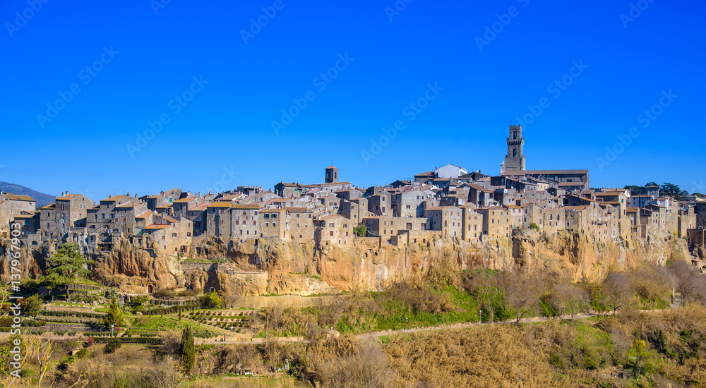 Pitigliano, Grosseto, tuscany, italy,  panoramic view of the medieval village on the tuff hill