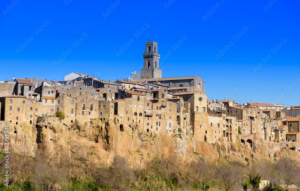 Pitigliano, Grosseto, tuscany, italy,  panoramic view of the medieval village on the tuff hill