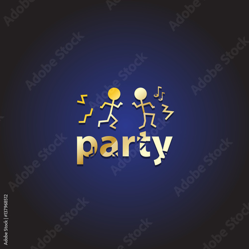 Party People Isolated On Blue Background,Vector Illustration,Graphic Design.Golden Stick Figure Dancing.For Web Site,Poster,Placard,Wallpaper,T-Shirt And Apparel.Partying Symbols