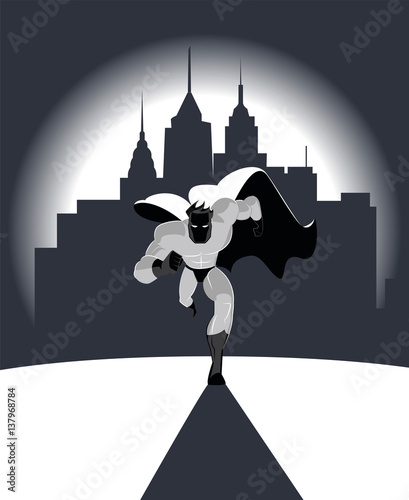 Superhero running in front of a urban background. Vector illustration