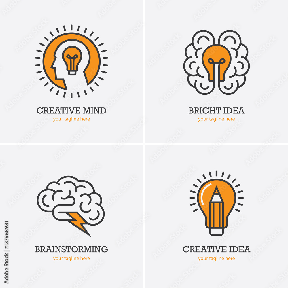 Four icons with human head, brain and light bulb