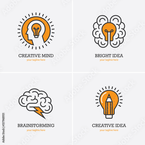 Four icons with human head, brain and light bulb