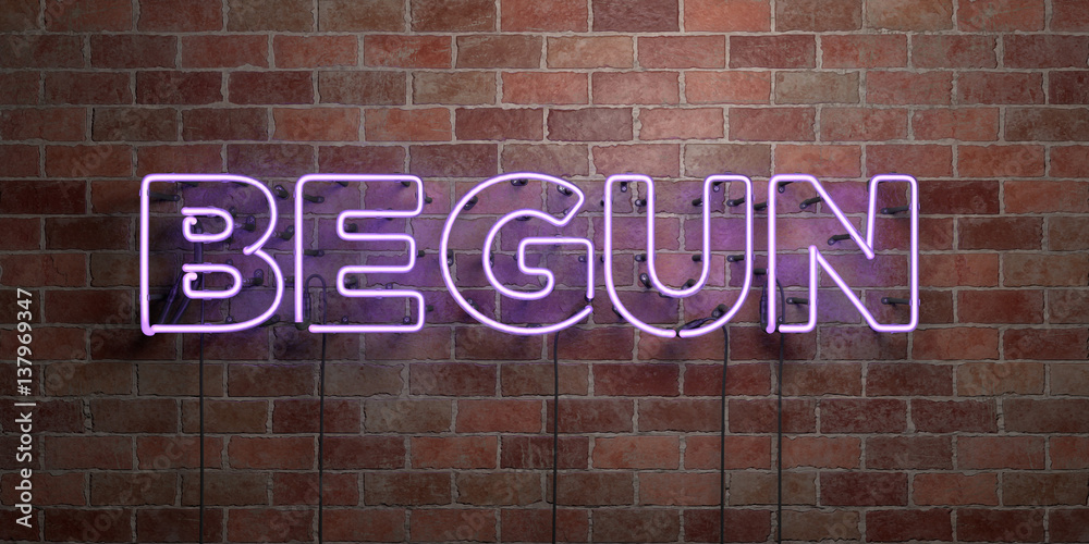 Fototapeta premium BEGUN - fluorescent Neon tube Sign on brickwork - Front view - 3D rendered royalty free stock picture. Can be used for online banner ads and direct mailers..