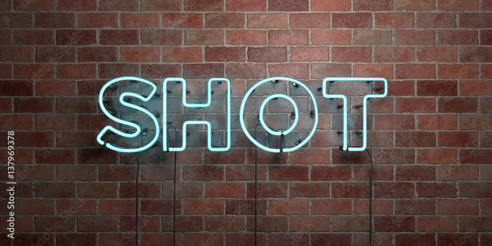 SHOT - fluorescent Neon tube Sign on brickwork - Front view - 3D rendered royalty free stock picture. Can be used for online banner ads and direct mailers.. SHOT - fluorescent Neon tube Sign on brickwork - Front view - 3D rendered royalty free stock picture. Can be used for online banner ads and direct mailers..