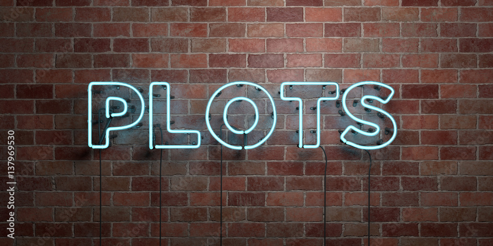 Obraz premium PLOTS - fluorescent Neon tube Sign on brickwork - Front view - 3D rendered royalty free stock picture. Can be used for online banner ads and direct mailers..