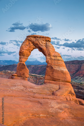 Classic view of famous Delicate Arch at sunset, Utah, USA