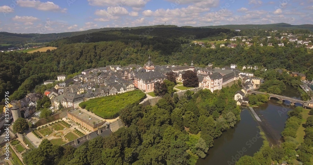 Baroque Residence Weilburg above the Lahn river, Hessen, Germany, Aerial, Jul 2016