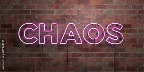 CHAOS - fluorescent Neon tube Sign on brickwork - Front view - 3D rendered royalty free stock picture. Can be used for online banner ads and direct mailers..