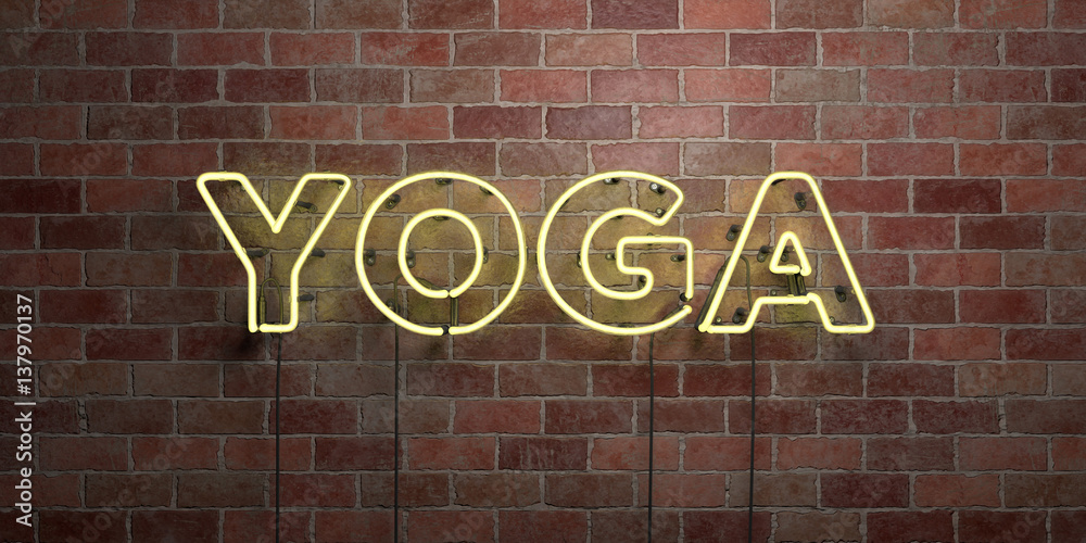 YOGA - fluorescent Neon tube Sign on brickwork - Front view - 3D rendered royalty free stock picture. Can be used for online banner ads and direct mailers.. YOGA - fluorescent Neon tube Sign on brickwork - Front view - 3D rendered royalty free stock picture. Can be used for online banner ads and direct mailers..