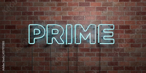 PRIME - fluorescent Neon tube Sign on brickwork - Front view - 3D rendered royalty free stock picture. Can be used for online banner ads and direct mailers..