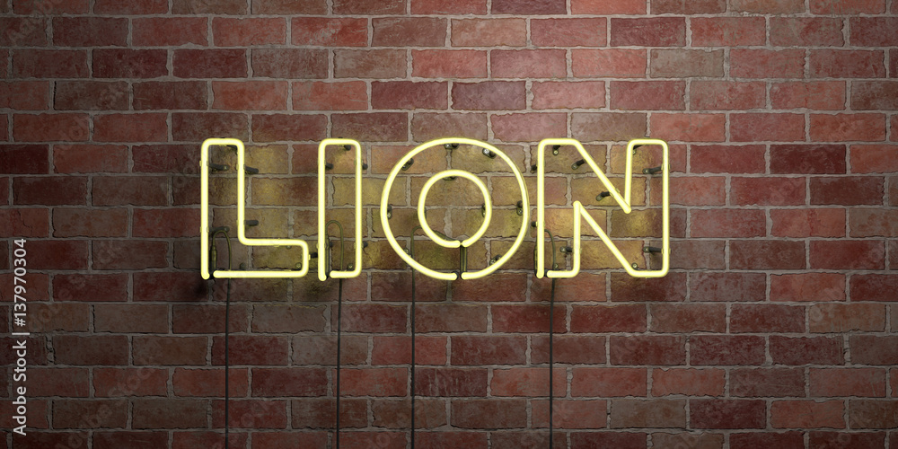 LION - fluorescent Neon tube Sign on brickwork - Front view - 3D rendered royalty free stock picture. Can be used for online banner ads and direct mailers.. LION - fluorescent Neon tube Sign on brickwork - Front view - 3D rendered royalty free stock picture. Can be used for online banner ads and direct mailers..