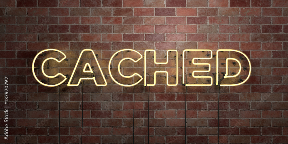 Obraz premium CACHED - fluorescent Neon tube Sign on brickwork - Front view - 3D rendered royalty free stock picture. Can be used for online banner ads and direct mailers..