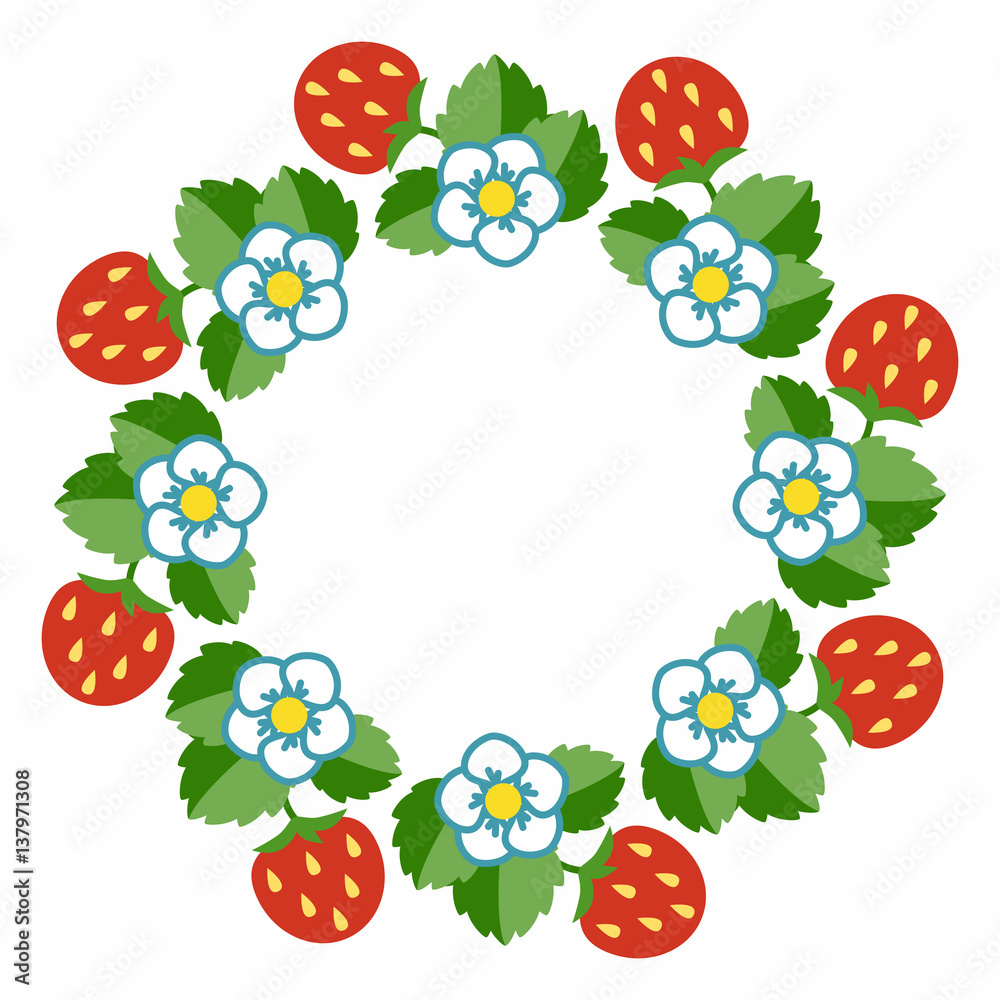 Round frame of ripe strawberries, flowers and green leaves. Simple spring decoration of the plant elements in a flat style.