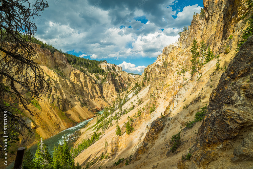The stormy river flows in a narrow gorge in the rocks. Uncle Toms Trail on The Grand Canyon of the Yellowstone National Park, Wyoming