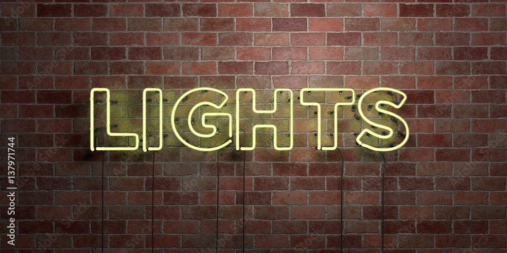 Obraz premium LIGHTS - fluorescent Neon tube Sign on brickwork - Front view - 3D rendered royalty free stock picture. Can be used for online banner ads and direct mailers..