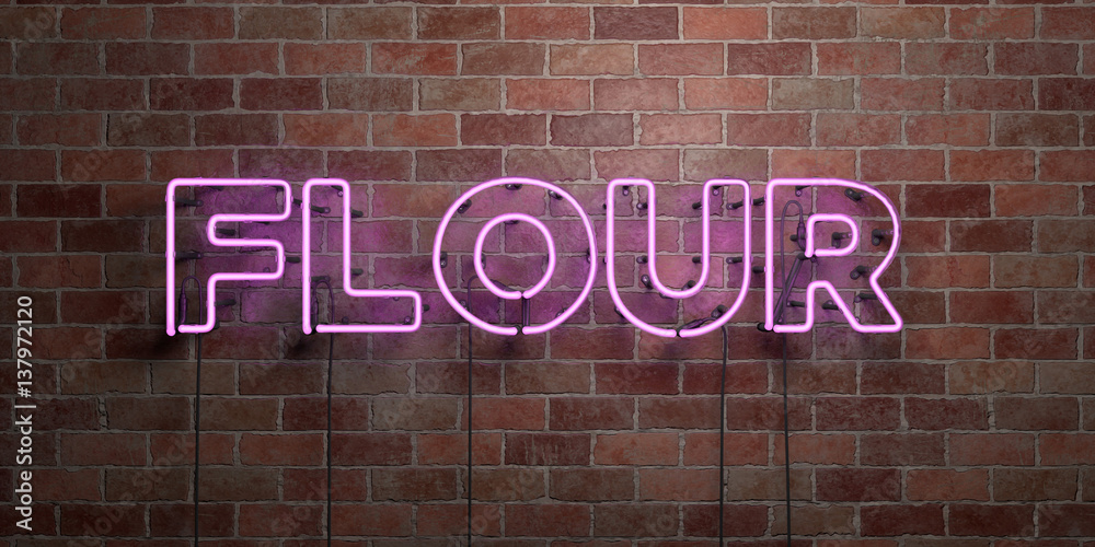 Fototapeta premium FLOUR - fluorescent Neon tube Sign on brickwork - Front view - 3D rendered royalty free stock picture. Can be used for online banner ads and direct mailers..