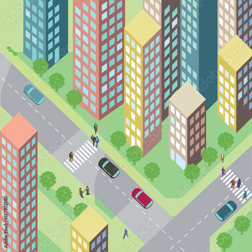 Städtische Straße mit Häusern und Autos