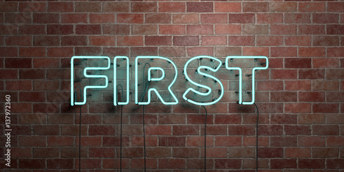 FIRST - fluorescent Neon tube Sign on brickwork - Front view - 3D rendered royalty free stock picture. Can be used for online banner ads and direct mailers..
