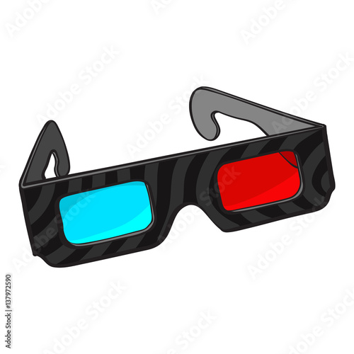 Typical blue and red stereoscopic, 3d glasses in black plastic frame, sketch style vector illustration isolated on white background. Hand drawn 3d stereoscopic glasses, cinema object